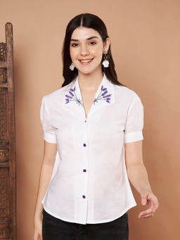 CHARMGAL - Women White Cotton Embroidered Collar Shirt