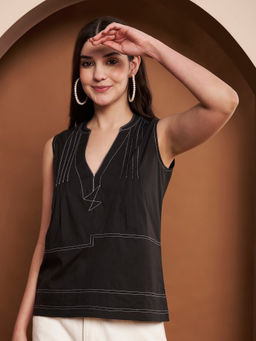 CHARMGAL - Women Black Cotton Contrast Stitch Detailing Sleeveless Top