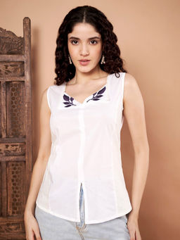 CHARMGAL - Women White-Purple Leaf Embroidery Sleeveless Cotton Top