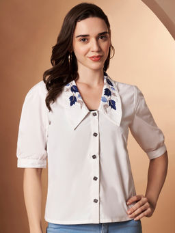 CHARMGAL - Women White Embroidered Collar Shirt