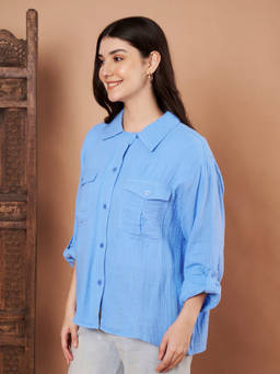 CHARMGAL - Female Sky Blue Cotton Full Sleeves Casual Shirt