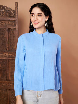 CHARMGAL - Women Sky Blue Cotton Long Sleeves Top