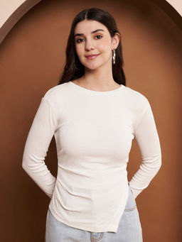 CHARMGAL - Women Off White Rib Knit Full Sleeves Top