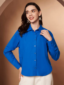 CHARMGAL - Female Solid Blue Spread Collar Shirt