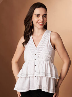 CHARMGAL - Women White Sleeveless Button-Front Cotton Peplum Top