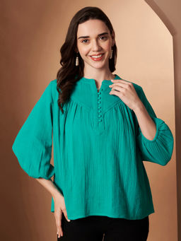 CHARMGAL - Women Green Cotton Textured Full Sleeves Top