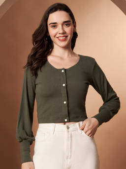 CHARMGAL - Women Olive Knit Crop Top