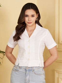 CHARMGAL - Women White Cotton Textured Button-Down Crop Shirt
