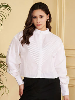 CHARMGAL - Women White Cotton Pleated Front Top