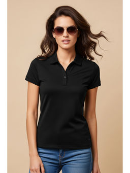 JUNEBERRY - Women Black Solid Cotton Regular Fit Polo T-shirt