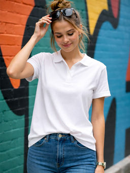 JUNEBERRY - Women White Solid Cotton Regular Fit Polo T-shirt