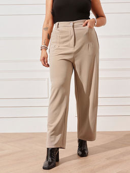 CURVY STREET - Women Beige Solid Canton Trouser