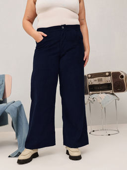 CURVY STREET - Women Navy Blue Corduroy Wide Leg Trouser