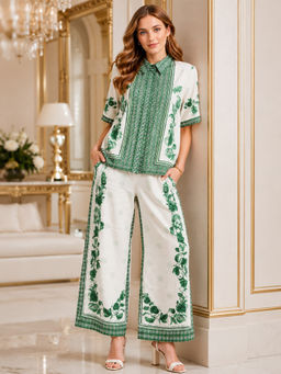 Club York - Women White-Green Cotton Blend Floral Printed Co-Ord Set