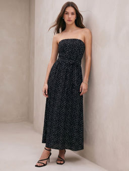 Outzidr - Women Black Polka Dot Printed Dress with Belt