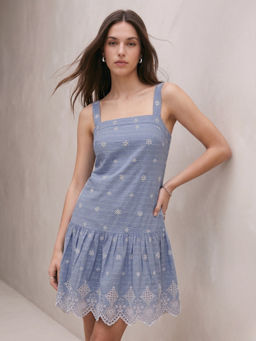 Outzidr - Women Blue Embroidered A-Line Dress