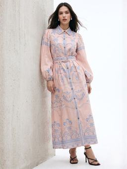 Outzidr - Women Peach Printed Dress with Belt