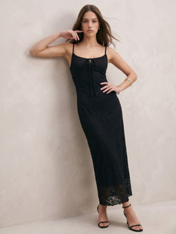 Outzidr - Women Black Spaghetti Strap Self Design Dress