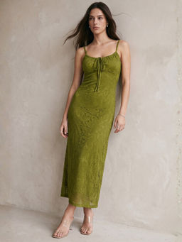 Outzidr - Women Olive Spaghetti Strap Self Design Dress