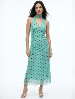 Outzidr - Women Green Polka Dot Halter Neck Dress