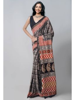 Unnati Silks - Black Pure Bagru Mulmul Cotton Saree with Unstitched Blouse