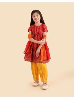 Fabindia - Girls Red and Orange Printed Cotton Silk Blend Kurta with Salwar and Dupatta