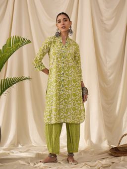 STADO - Parrot Green Floral Printed Kurta with Salwar