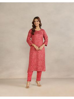 Fabindia - Women Red Geometric Viscose Kurta with Pant