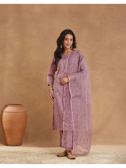 Fabindia - Women Lavender Floral Print Cotton Kurta with Pant and Dupatta