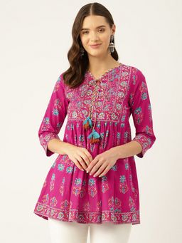 Jaipur Morni - Pink Floral Printed Pure Cotton Sequinned Tunic