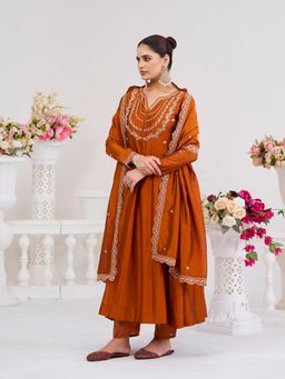 MOKOSH - Women Rust Silk Embroidered Anarkali Kurta with Pant and Dupatta