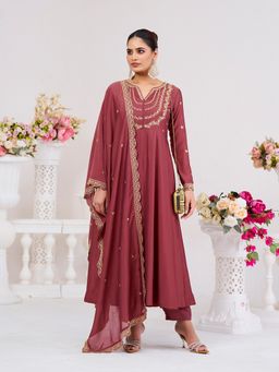 MOKOSH - Women Berry Red Silk Embroidered Anarkali Kurta with Pant and Dupatta