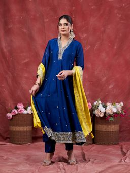 MOKOSH - Women Navy Blue Silk Embroidered Anarkali Kurta with Pant and Dupatta