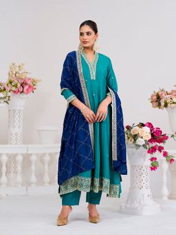 MOKOSH - Women Teal Silk Embroidered Anarkali Kurta with Pant and Dupatta