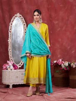 MOKOSH - Women Lemon Yellow Silk Embroidered Anarkali Kurta with Pant and Dupatta