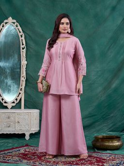 MOKOSH - Women Rose Pink Silk Embroidered Kurti with Palazzo and Dupatta