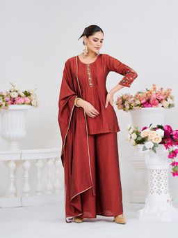 MOKOSH - Women Maroon Silk Embroidered Kurti with Palazzo and Dupatta