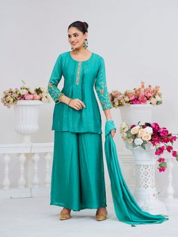 MOKOSH - Women Sea Green Silk Embroidered Kurti with Palazzo and Dupatta
