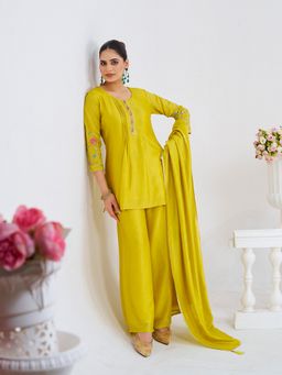 MOKOSH - Women Lemon Yellow Silk Embroidered Kurti with Palazzo and Dupatta