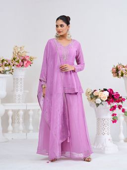 MOKOSH - Women Lavender Silk Embroidered Kurti with Palazzo and Dupatta