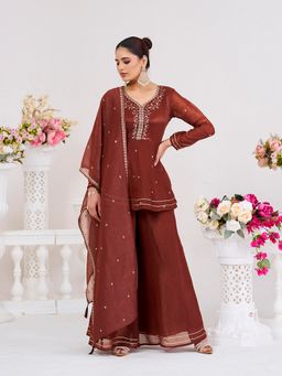 MOKOSH - Women Brown Silk Embroidered Kurti with Palazzo and Dupatta