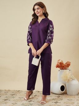 MOKOSH - Pure Cotton Purple Women Embroidered Collared Neck Co-ord Set
