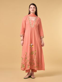 COTTONS DAILY - Orange Embroidered Cotton Anarkali Kurta with Pant and Dupatta