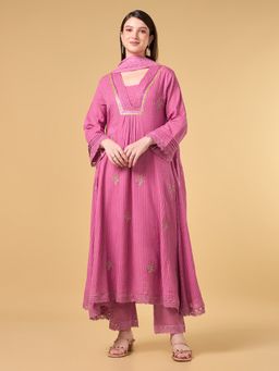 COTTONS DAILY - Pink Stripe Embroidered Cotton Anarkali Kurta with Pant and Dupatta