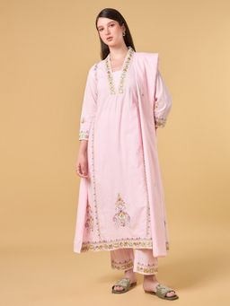 COTTONS DAILY - Pastel Pink Embroidered Cotton Anarkali Kurta with Pant and Dupatta