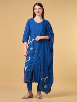 COTTONS DAILY - Royal Blue Embroidered Cotton Kurta with Pant and Dupatta