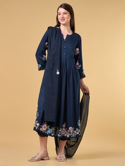 COTTONS DAILY - Navy Blue Embroidered Cotton Anarkali Kurta with Pant and Dupatta