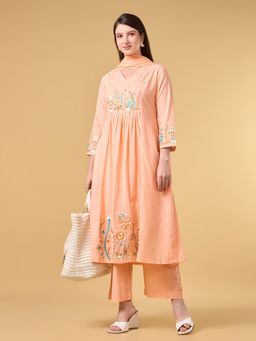 COTTONS DAILY - Peach Embroidered Cotton Anarkali Kurta with Pant and Dupatta