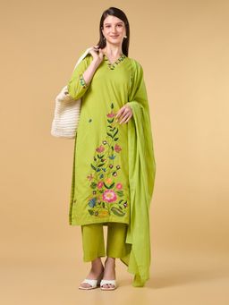 COTTONS DAILY - Green Embroidered Cotton Kurta with Pant and Dupatta