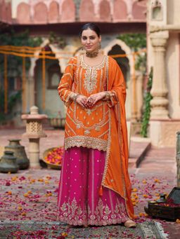 JATRIQQ - Orange Chinon Silk Embroidered and Sequenced Kurta with Palazzo and Dupatta